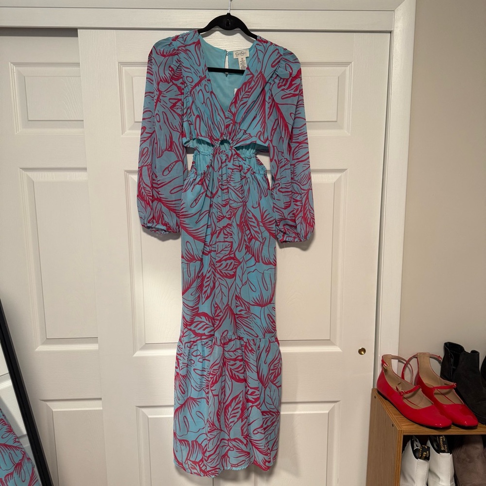 Jessica Simpson Blue and Pink Leaf Print Cutout Dress